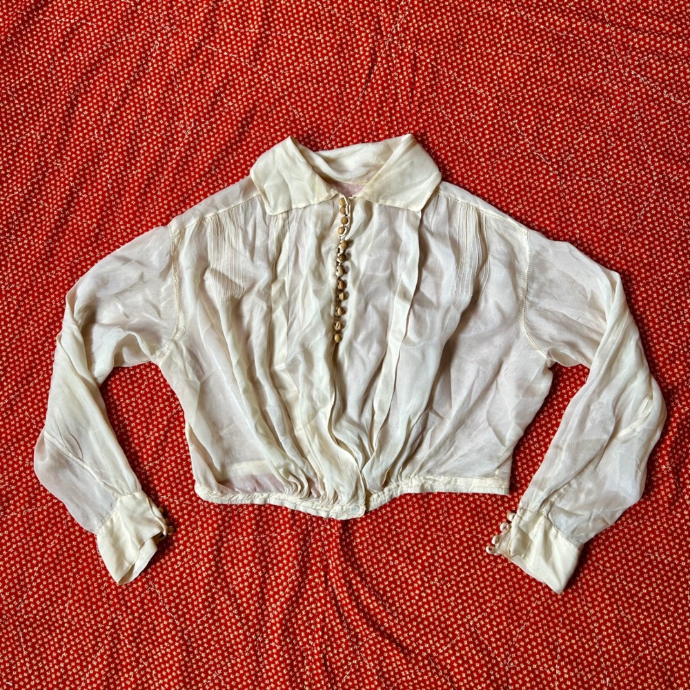 Antique 1920s silk Ivory Blouse Button Up "waist"